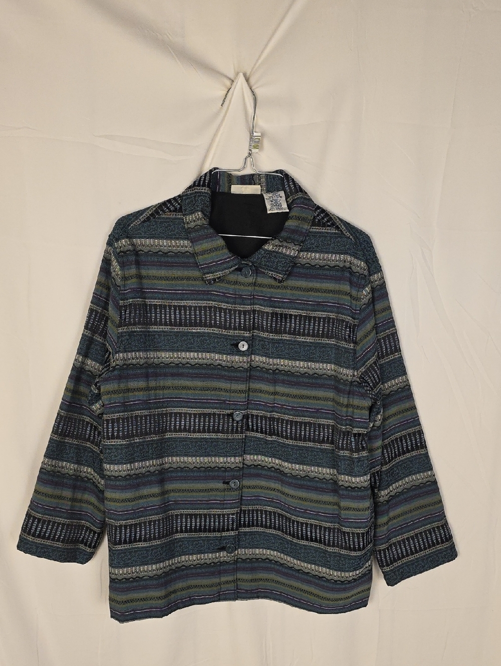 Women's Striped Button-Up Jacket in Navy & Green